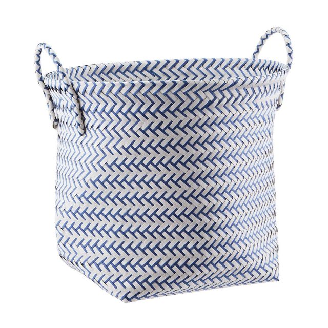 photo of an unconventional Easter basket with the Slate Blue & White Strapping Basket by top Houston lifestyle blogger Ashley Rose of Sugar & Cloth