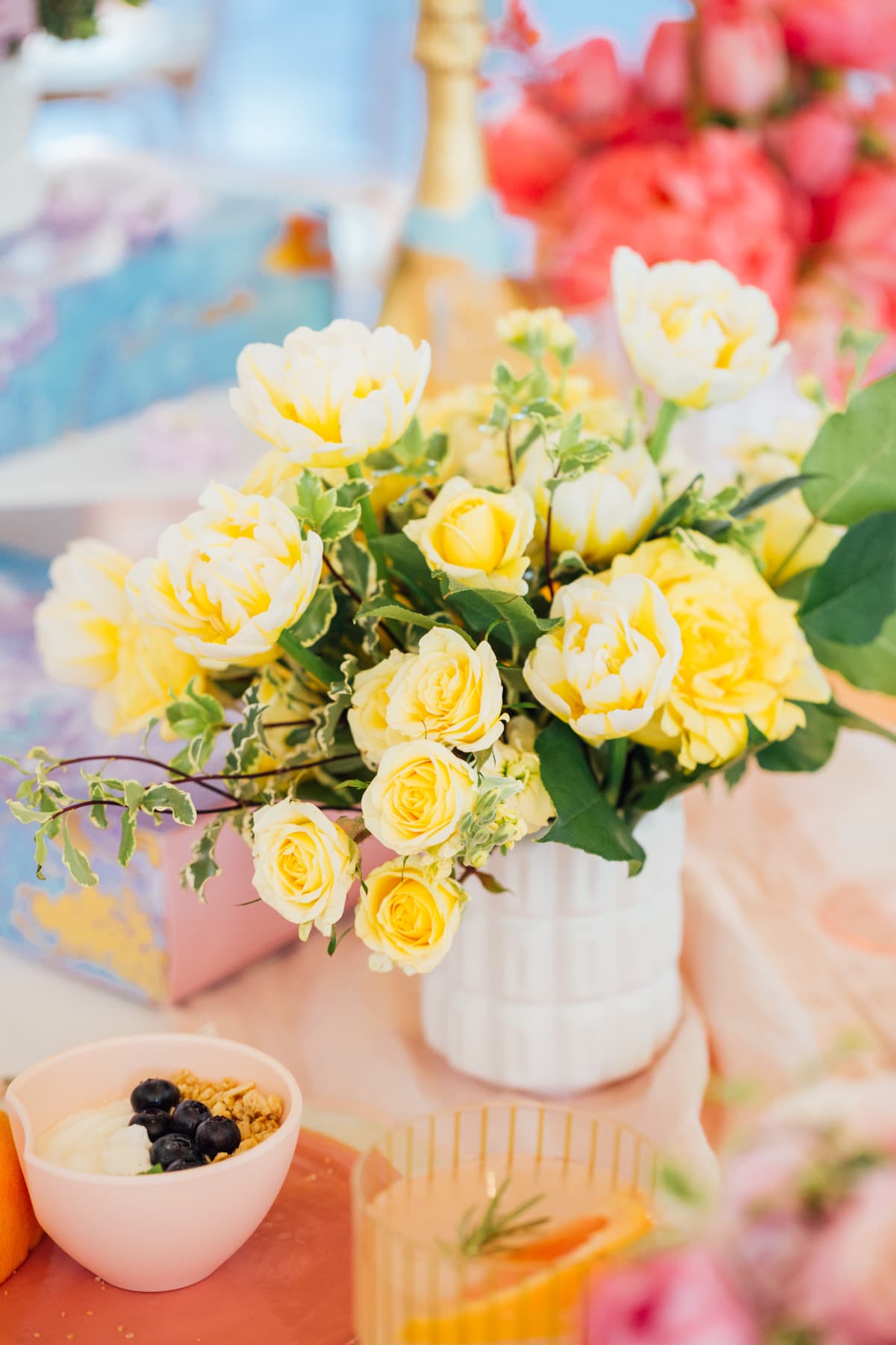 color blocked flowers - A Perfectly Pastel Easter Table Idea by top Houston lifestyle blogger Ashley Rose of Sugar & Cloth #diy #tablescape #ideas #easter #pastel #party #decorations #brunch #bridalshower #bridal #shower #baby