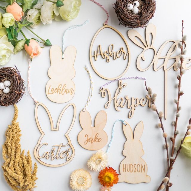 photo of the personalized Easter Basket Name Tags by top Houston lifestyle blogger Ashley Rose of Sugar & Cloth