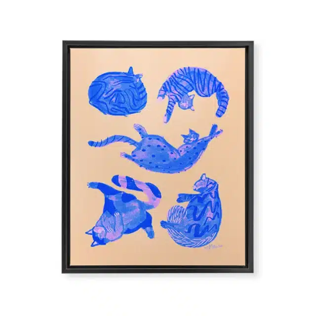 Sleepy Cozy Kitty Cats in Blue & Pink Framed Canvas Print for affordable art prints
