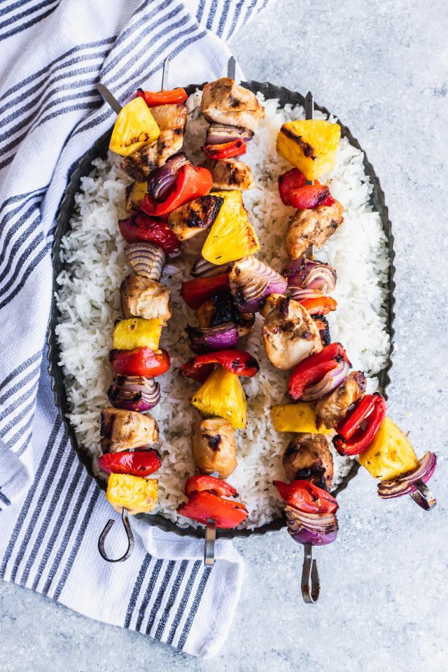 Huli Huli Hawaiian Kebabs over rice by top Houston lifestyle blogger Ashley Rose of Sugar & Cloth