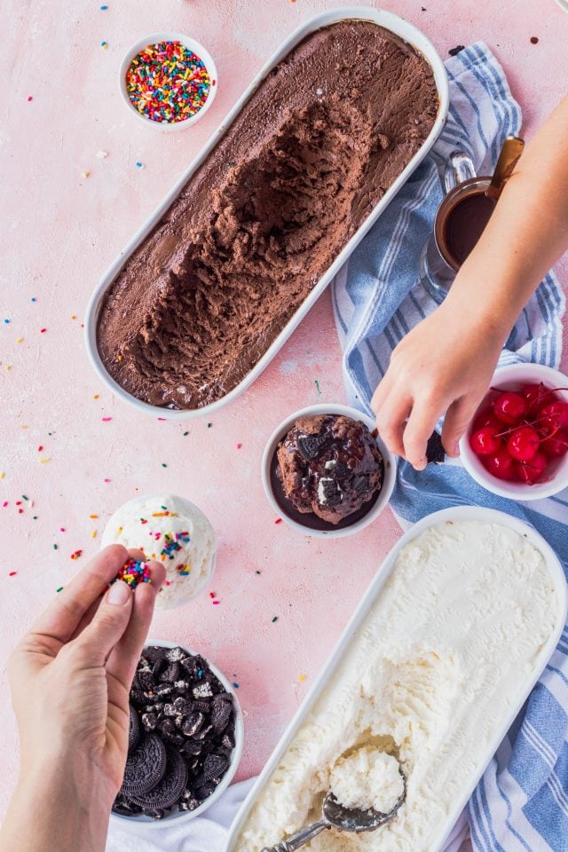 photo of toppings ideas and a dessert buffet for No Churn Ice Cream Recipe by top Houston lifestyle blogger Ashley Rose of Sugar & Cloth