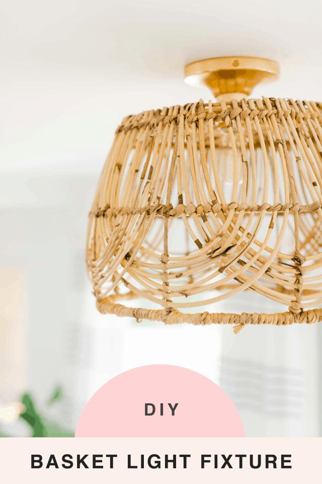 a closeup picture with a text title of the finished DIY basket pendant light by Sugar & Cloth