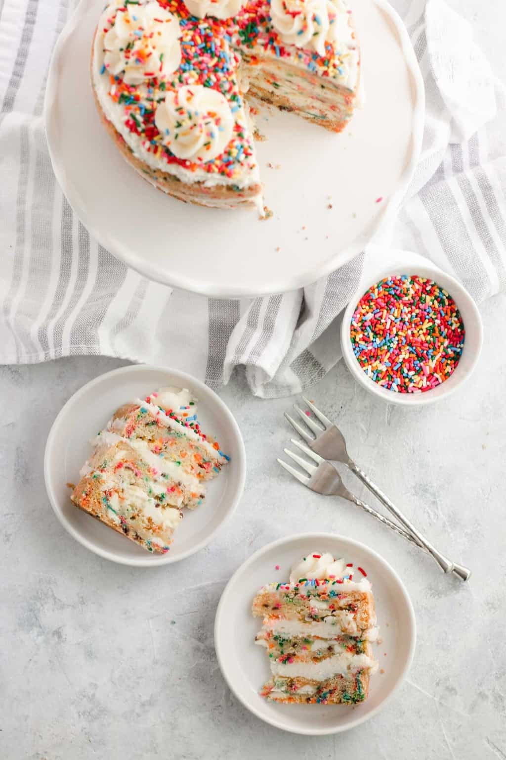 photo of cake slices on plates with sprinkles
