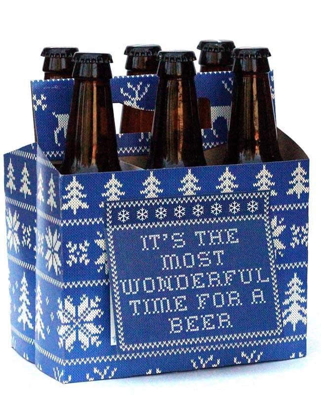 photo of a six pack holder that says it's the most wonderful time for a beer white elephant gift pack