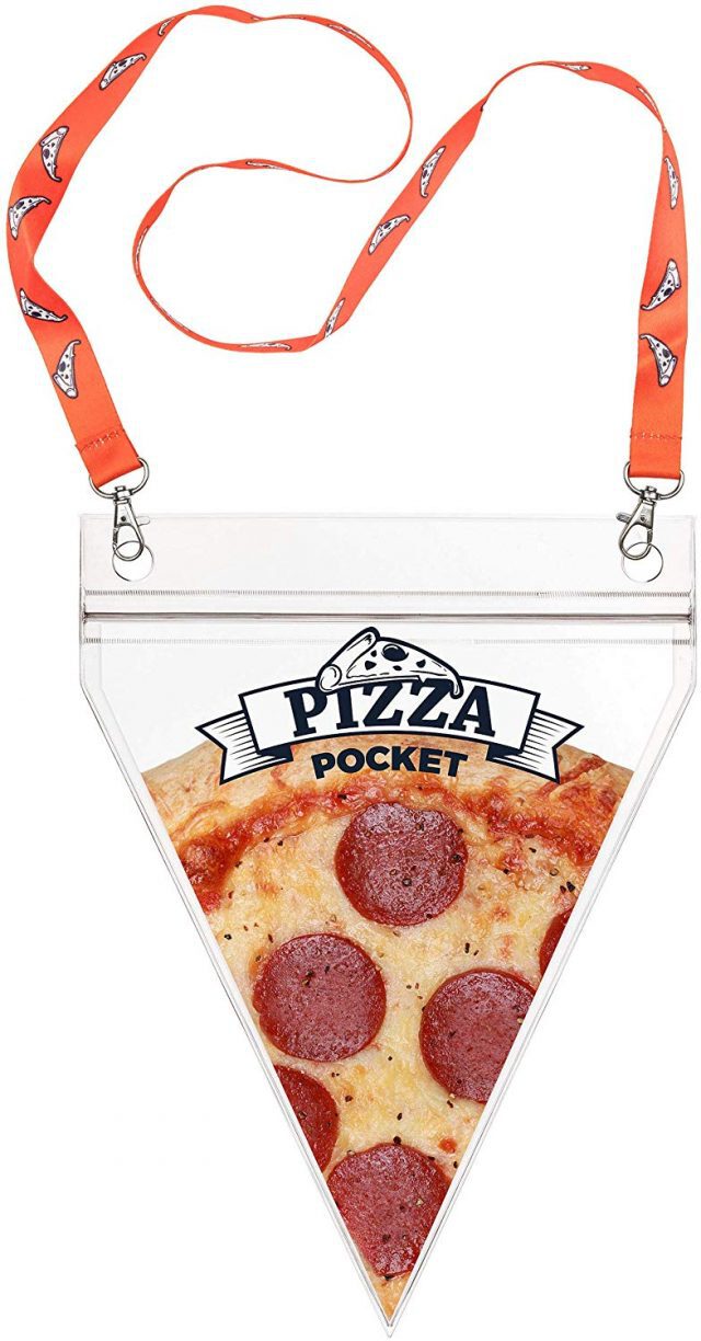 photo of a plastic pizza pocket pizza slice holder on lanyard as a funny white elephant gift idea