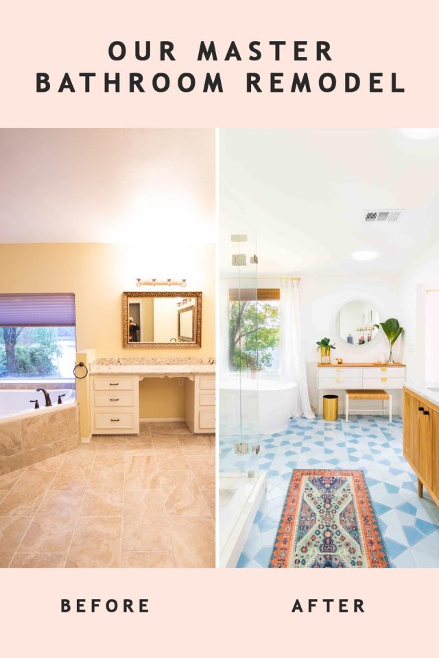 photo of a before and after of a master bathroom remodel