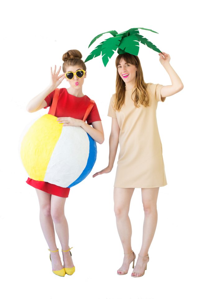 Two women in DIY Couples costume: palm tree and beach ball
