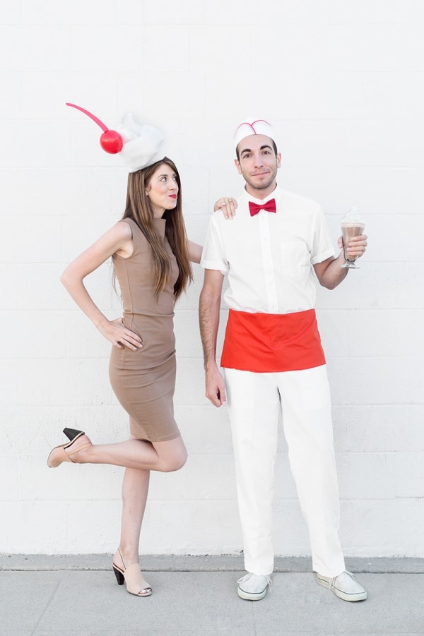 Man and Woman in DIY Couples costume: Milk shake and soda jerk