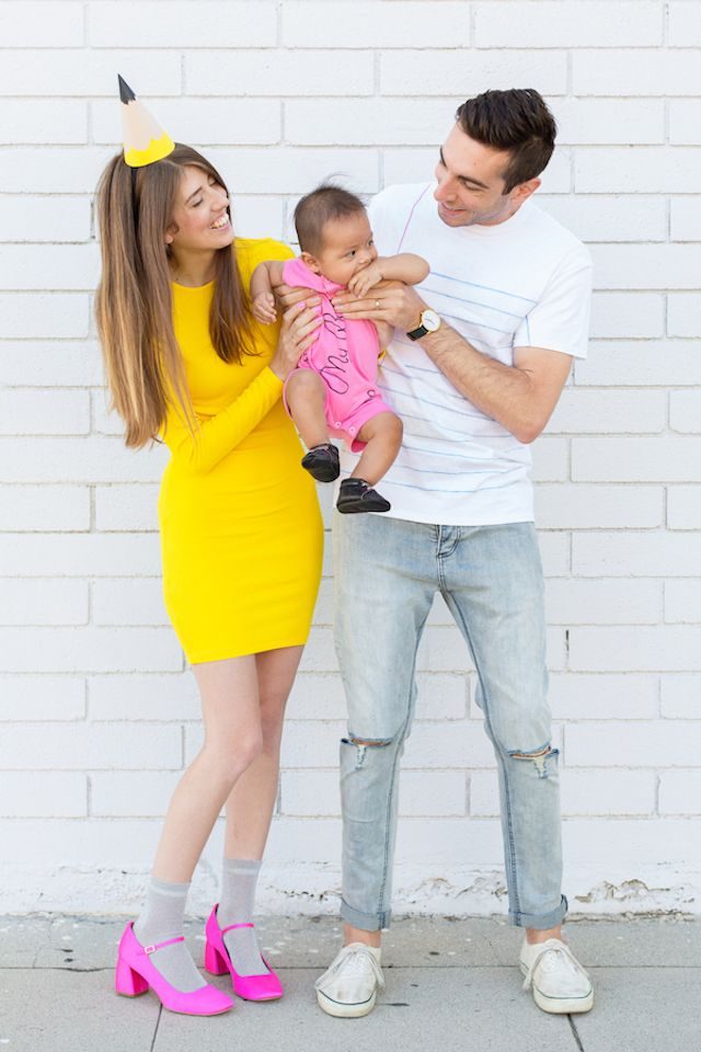 Photo of family wearing DIY school supply themed costumes: pencil, paper, and eraser