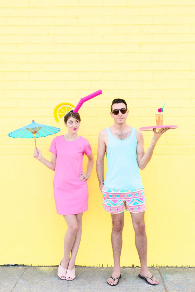 Man and Woman in DIY Couples costume: Tropical drink and pool boy