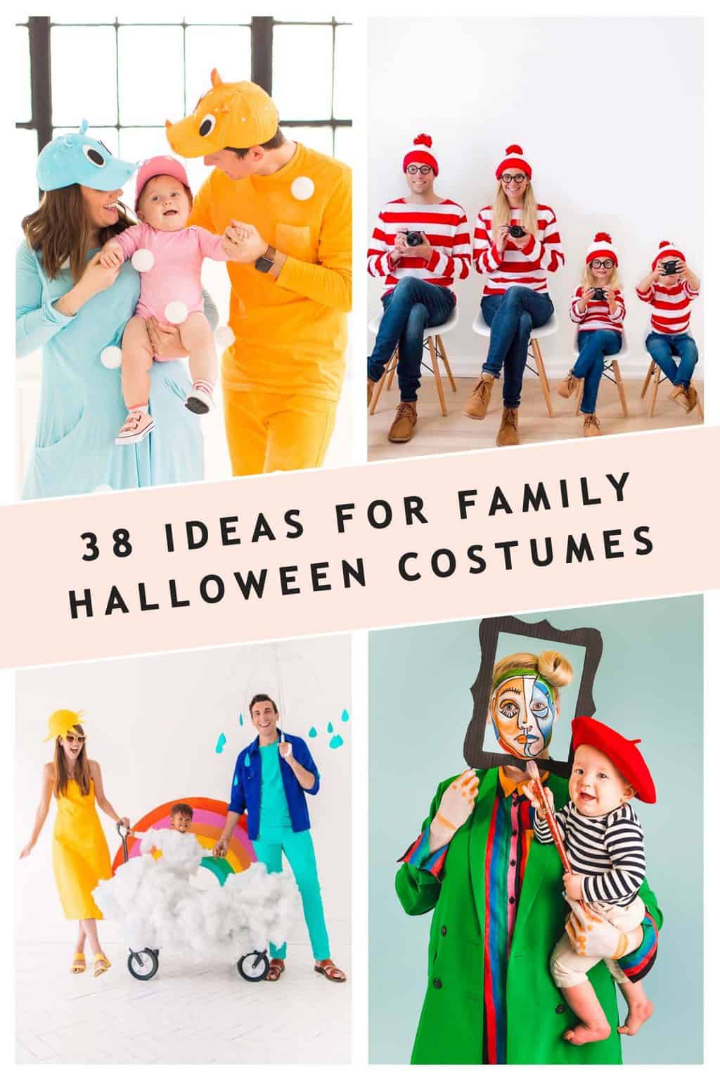 a photo collage of 4 family costume ideas