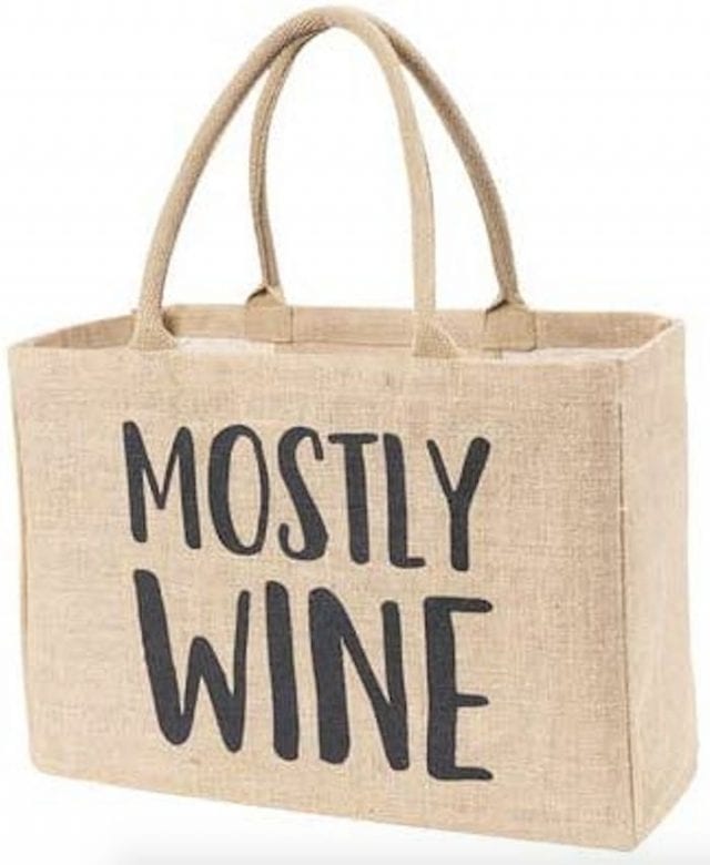 photo of tote that says 'mostly wine'