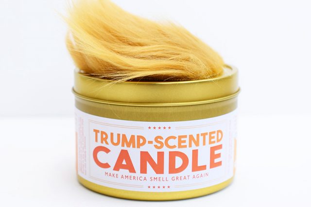 photo of a Trump scented candle with an orange toupee on the lid
