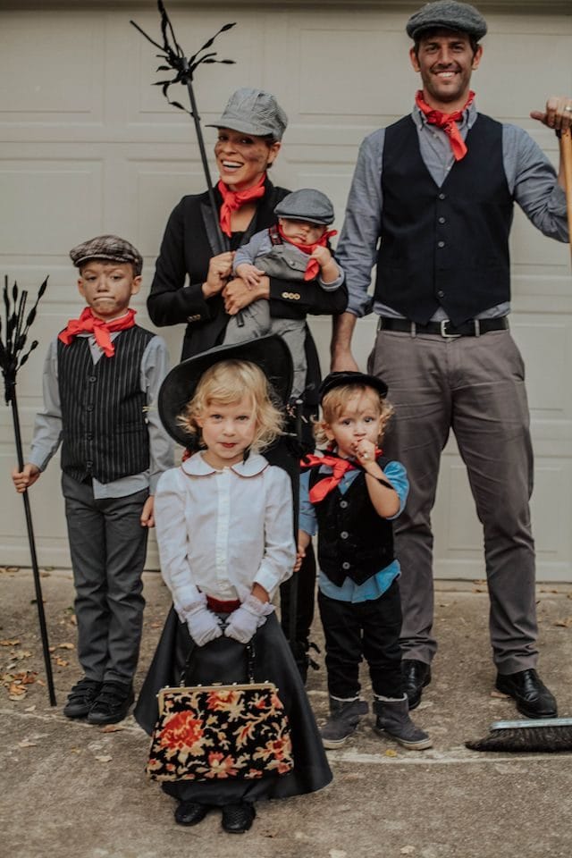 Photo of family dressed in Marry Poppins character Halloween costumes
