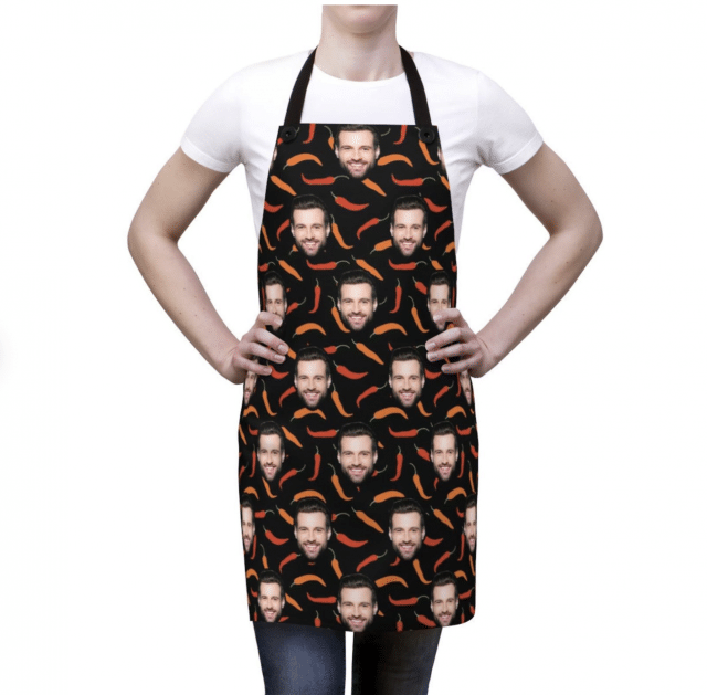 photo of apron with custom selfie print all over as a funny white elephant gift ideas