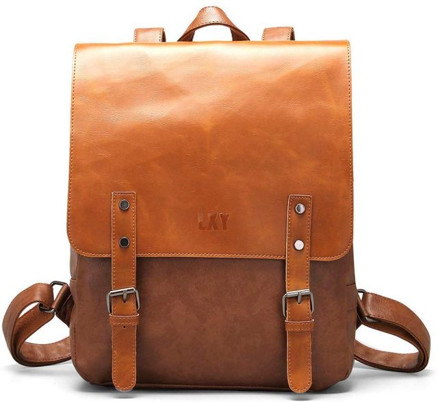 photo of a brown leather backpack