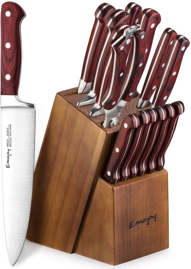 photo of a knife block filled with kitchen knives