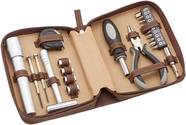 photo of a brown leather zippered tool kit