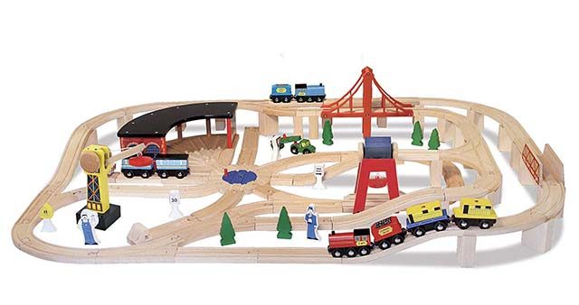 photo of a kids play wooden railway set