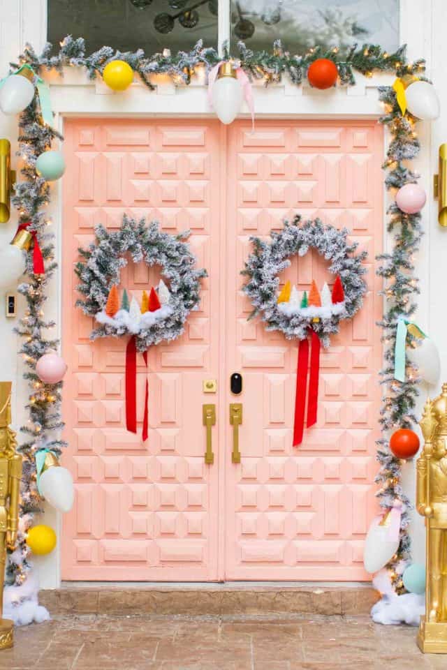 pink door front door christmas decor