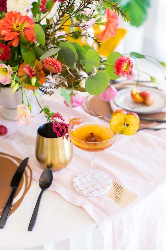 photo of the Easy Spiced Apple Cider Cocktail drink on our fall table decor by top Houston lifestyle blogger Ashley Rose of Sugar & Cloth