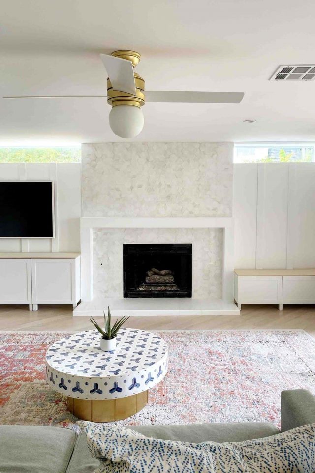 photo of a modern marble fireplace