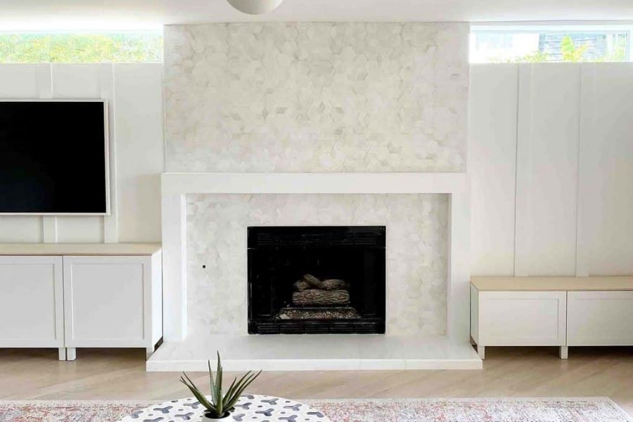 photo of a modern marble fireplace