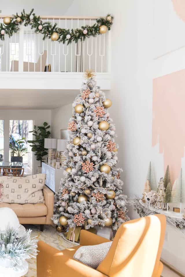 pink and gold christmas tree in living room