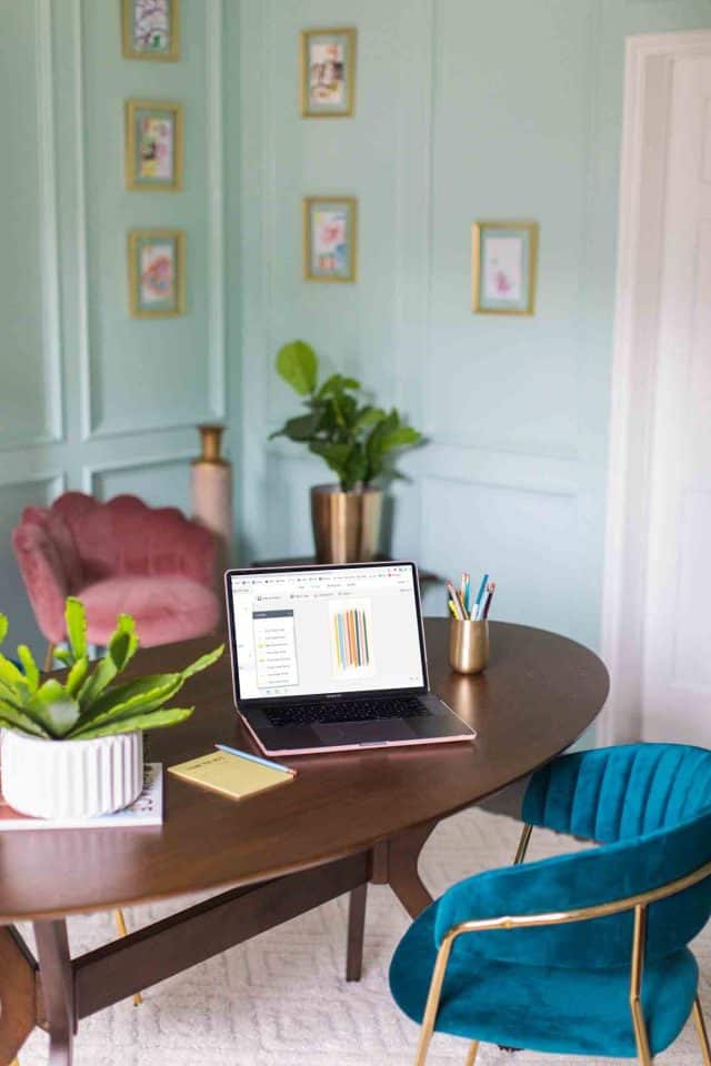 home office desk and seating area