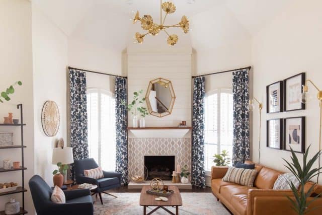 photo of a transitional living room decor idea by 20 foot ceilings by Ashley Rose of Sugar & Cloth