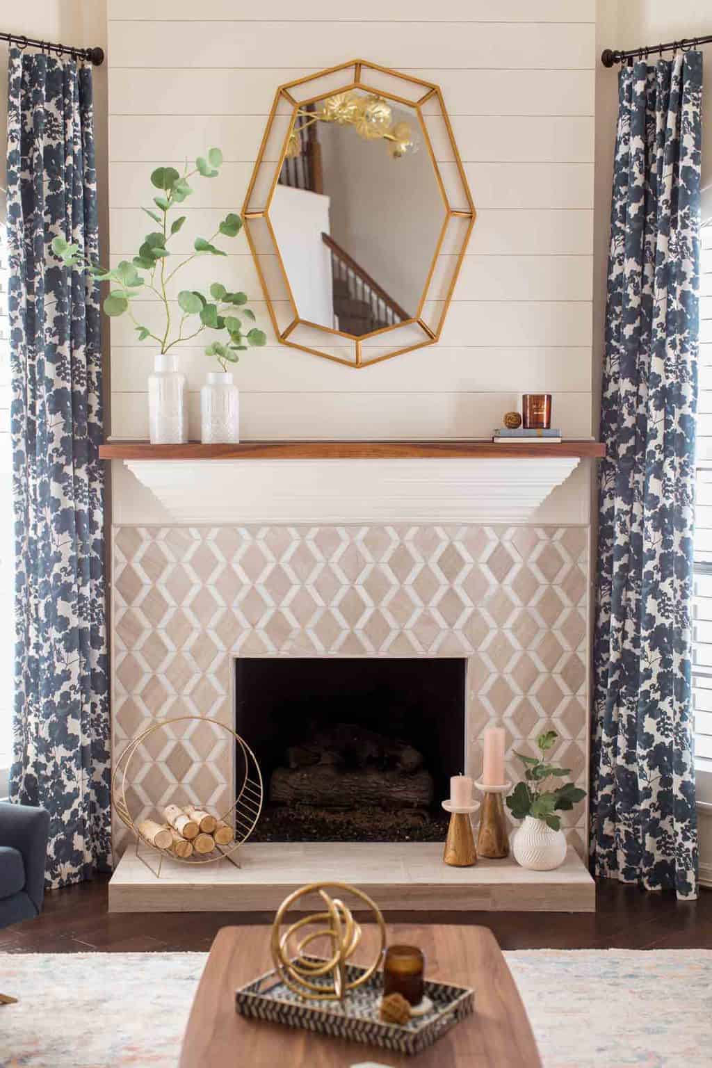 photo of the renovated fireplace and mantle in the living room by top Houston lifestyle blogger Ashley Rose of Sugar & Cloth