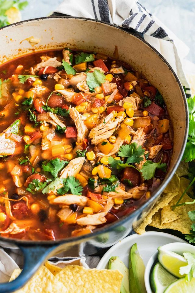photo of a loaded pot of Tex Mex Chicken Tortilla Soup by top Houston lifestyle blogger Ashley Rose of Sugar & Cloth