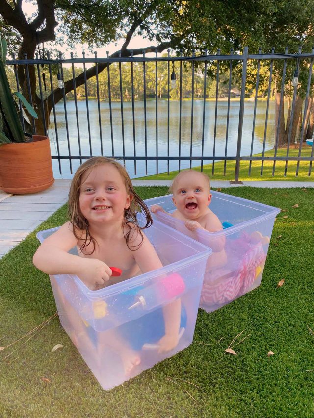 luca and gwen taking a bath on the deck