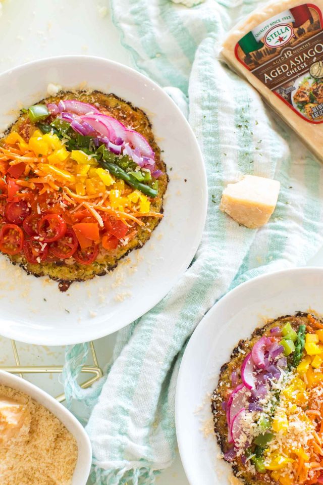 overhead photo of rainbow pizza veggie toppings 