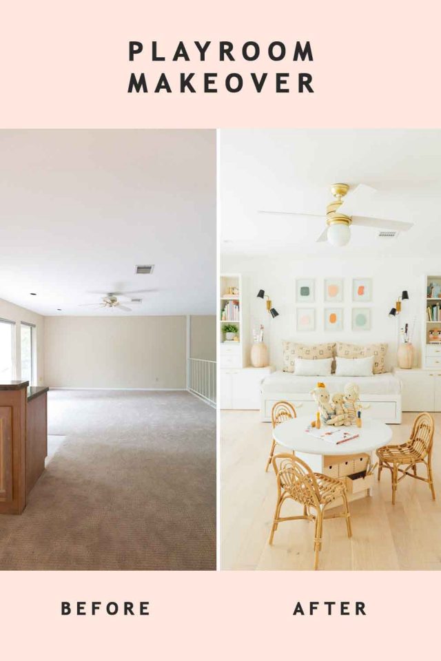 playroom ideas - side by side photo of a before and after playroom