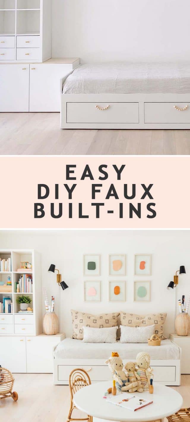 a before and after of easy DIY faux built in storage