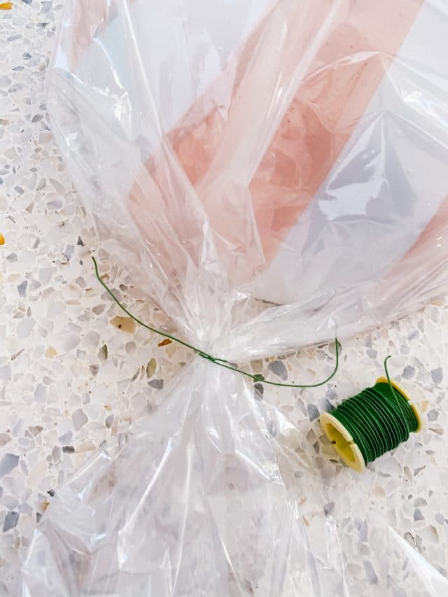 floral wire around plastic wrap with a ball