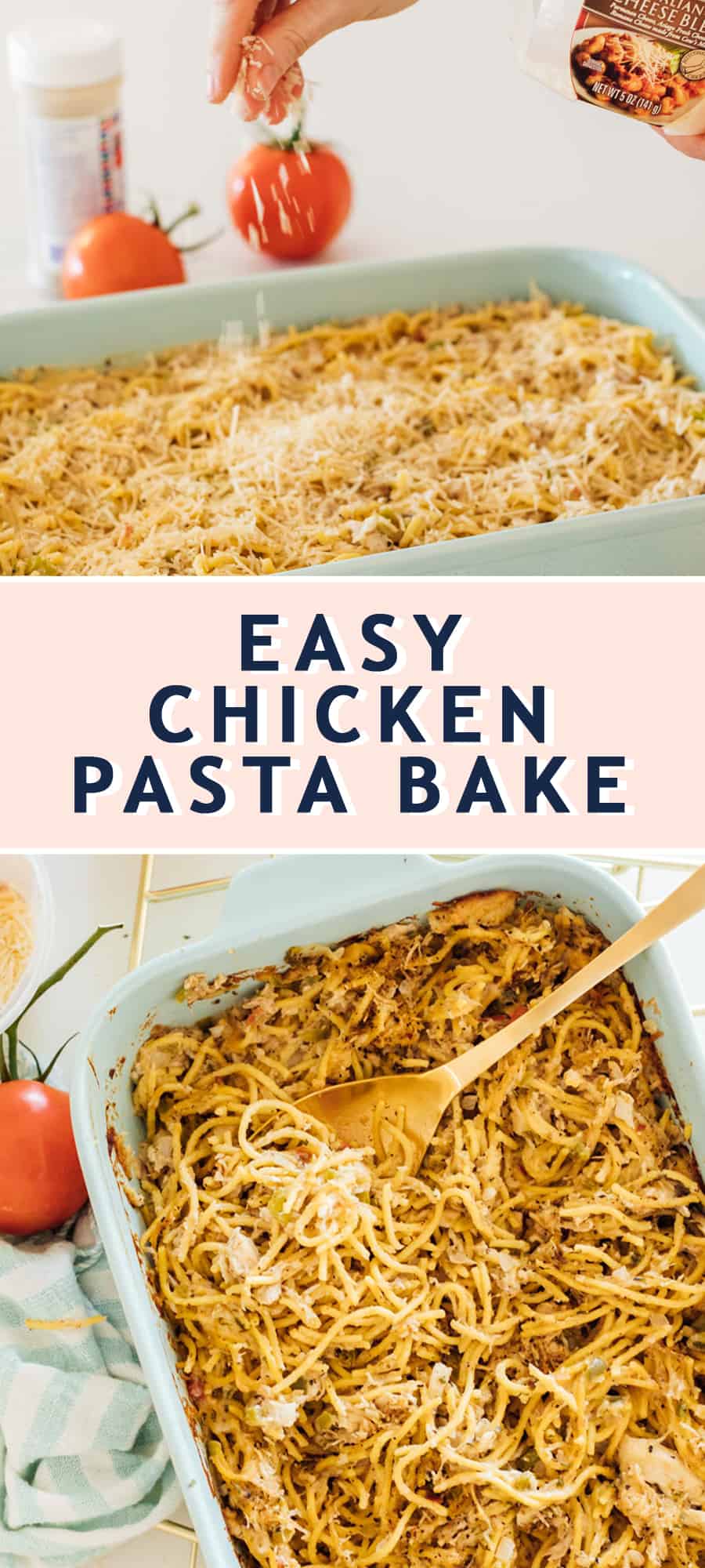 photo of the recipe card on how to make easy chicken pasta bake by top Houston lifestyle blogger Ashley Rose of Sugar & Cloth