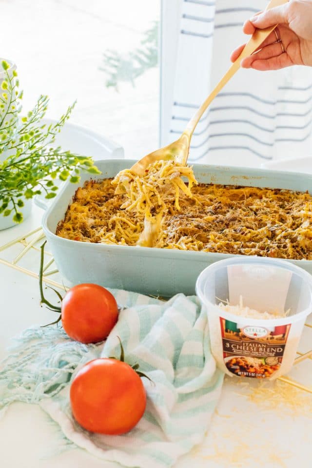 photo of the chicken pasta bake being ready to serve by top Houston lifestyle blogger Ashley Rose of Sugar & Cloth