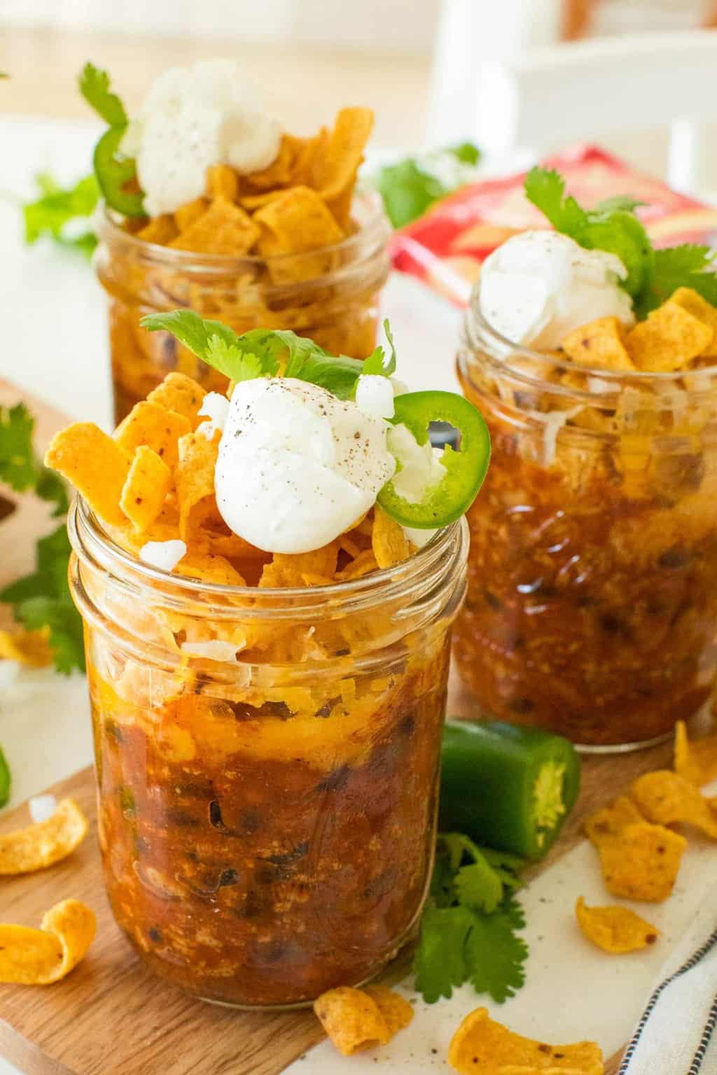 close up photo of the frito pie mason jar recipe by top Houston lifestyle blogger Ashley Rose of Sugar & Cloth