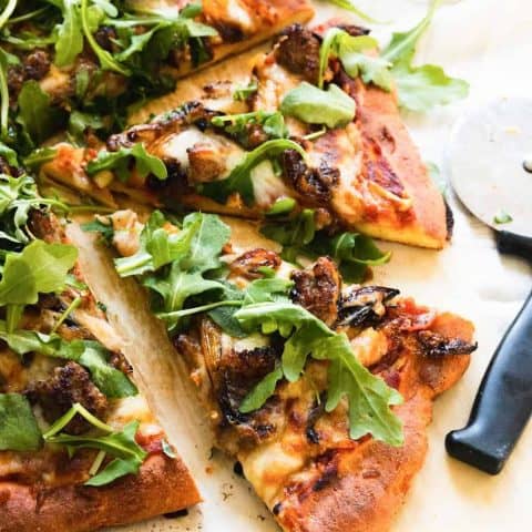 photo of a low carb healthy keto pizza by top Houston lifestyle blogger Ashley Rose of Sugar & Cloth