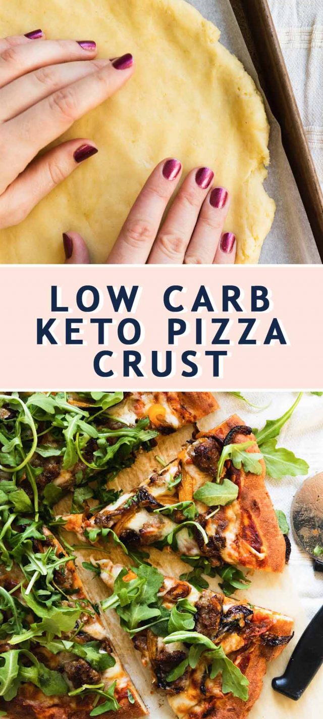 photo the recipe card on how to make a keto pizza crust by top Houston lifestyle blogger Ashley Rose of Sugar & Cloth