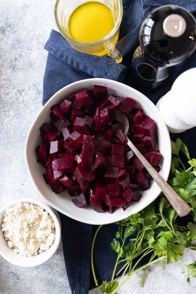 photo of an easy beetroot salad recipe ready to be assembled by top Houston lifestyle blogger Ashley Rose of Sugar & Cloth