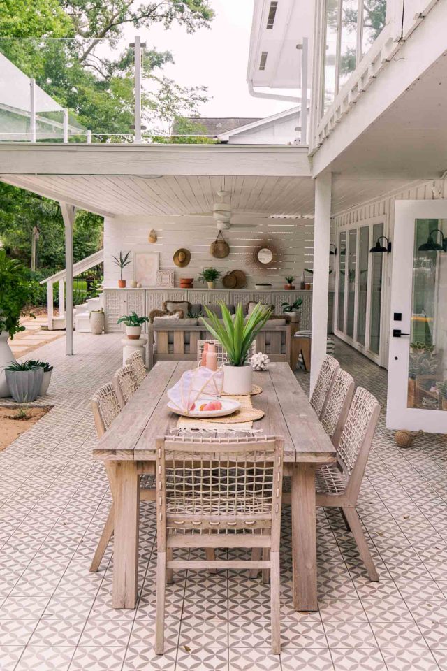 outdoor dining table on tiled patio