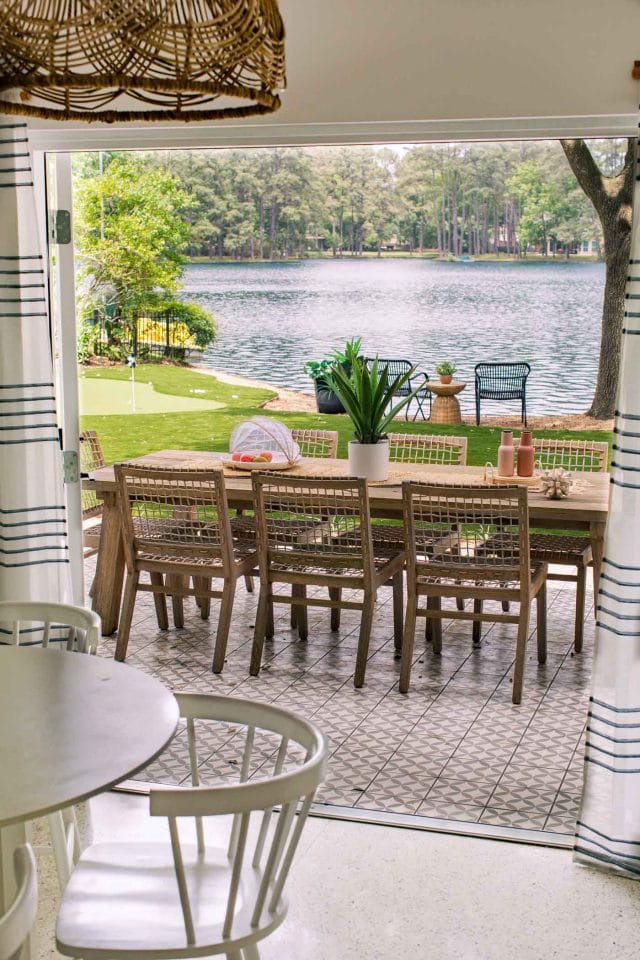 breakfast table view of an outdoor tiled patio