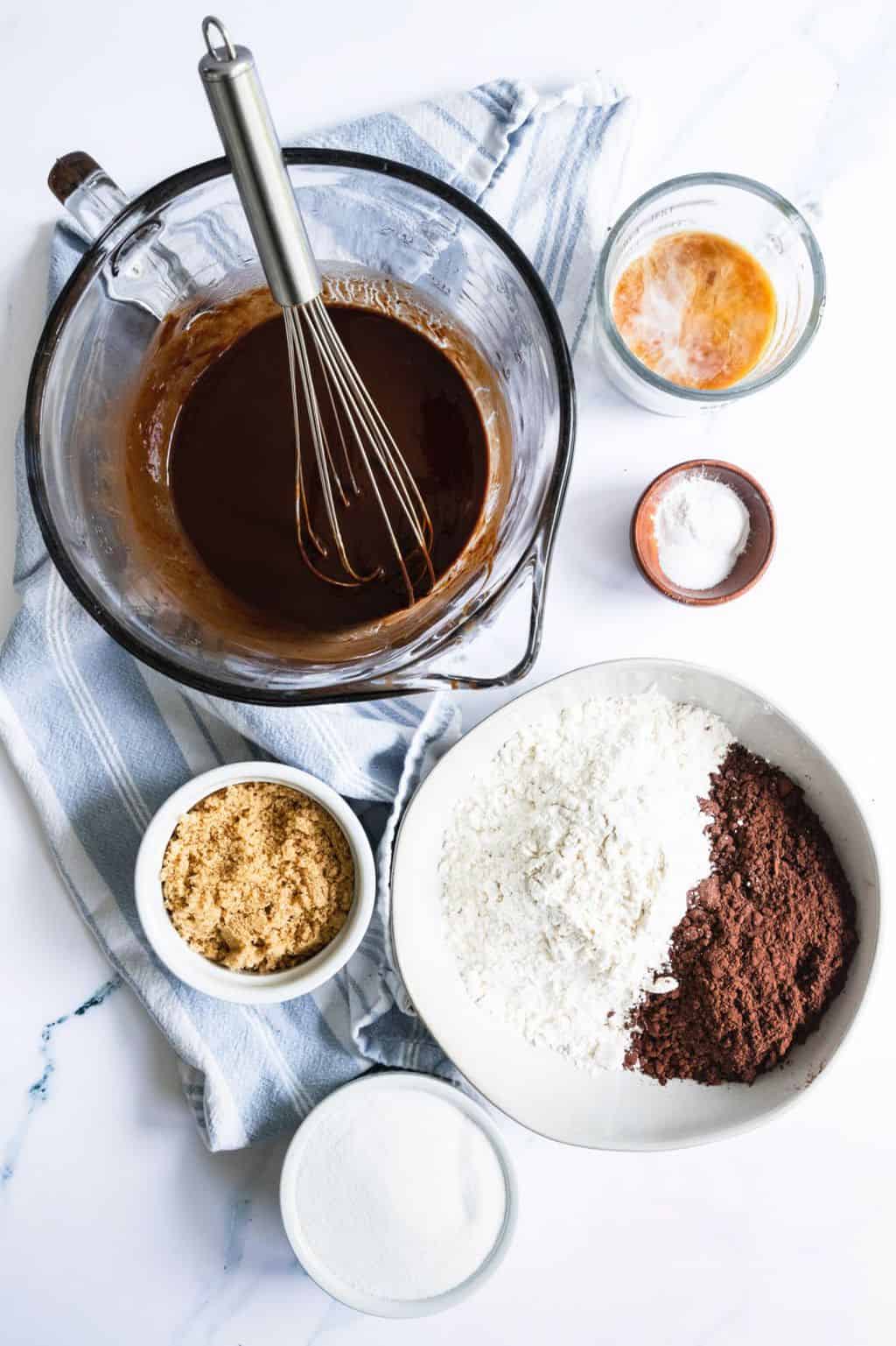 A photo of the ingredients on how to make Vegan Egg Free Brownies by Sugar and Cloth