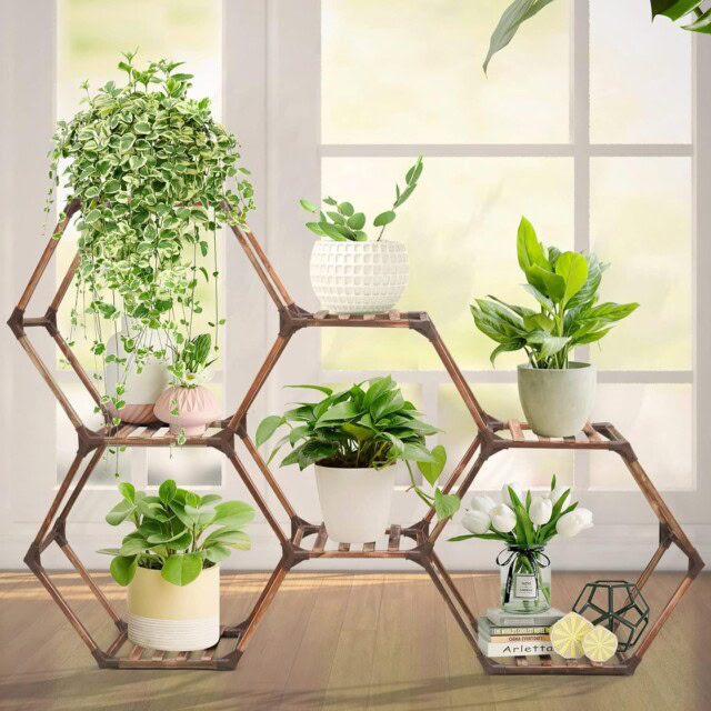 Hexagonal Plant Stand Indoor 7 Tiers Wood Plant Stands for Indoor Plants Multiple, Creative DIY Outdoor Plant Shelf, Large Potted Holder Flower Stand for Corner Window Living Room Patio Porch