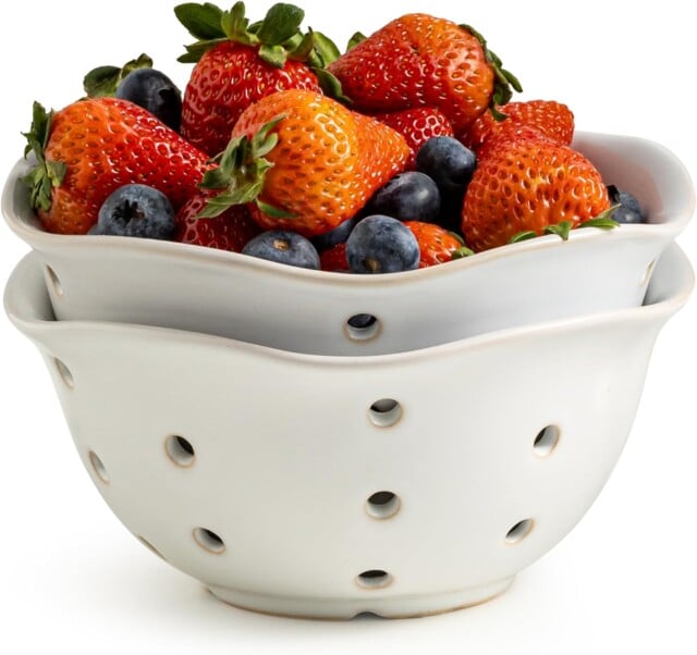 Gomakren of 2, Elegant Fruit Basket Container 6 Inch, Fruit Bowl with Holes for Kitchen Counter, Berries, Strawberry, Grape, Cherry, Floral Shape - White for gifts for woman who wants nothing