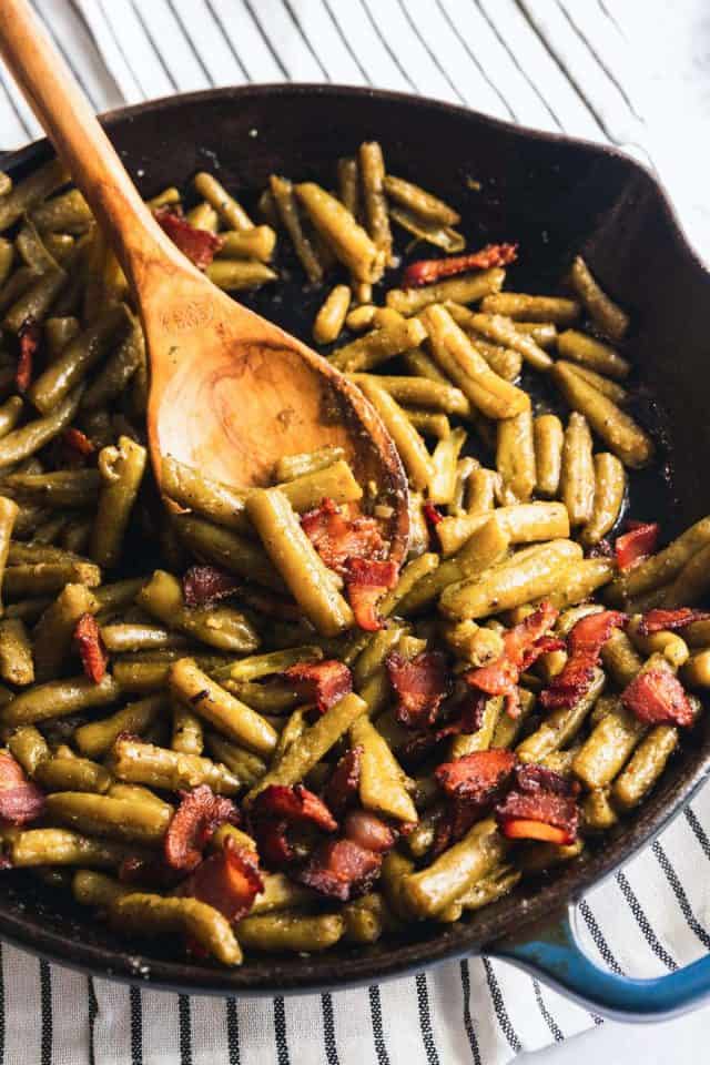 canned green bean recipes - top shot of cooked green beans